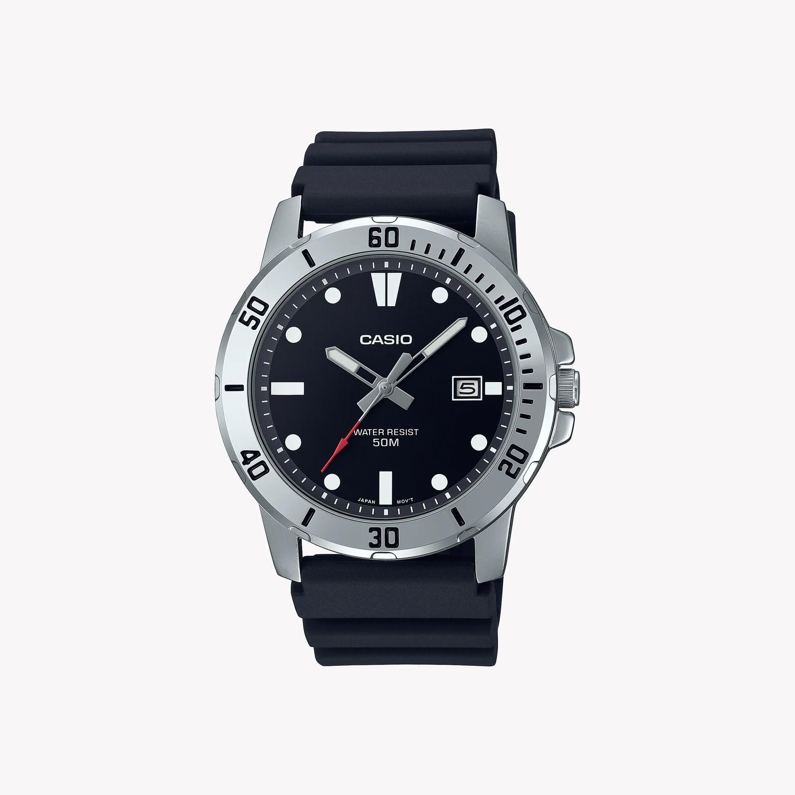 Reloj Análogo Casio De Resina para Hombre MTP-VD01-1EV Correa Color Negro Bisel Plateado Fondo Negro