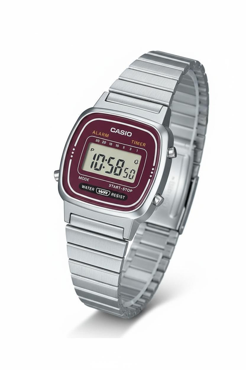 Reloj Digital Casio Vintage de Acero Inoxidable para Mujer LA-670WA-4 Plateado Fondo Color Burdeo