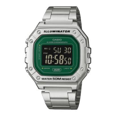 Reloj Digital Casio de Acero Inoxidable para Hombre W-218HD-3AV Color Plateado Fondo Verde Pantalla Negativa