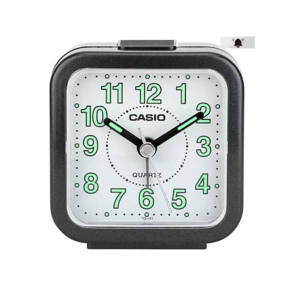 Reloj Despertador Analógico Casio Tq-140-1b Cuadrado Color Negro, Fondo Blanco con Numeros Verdes