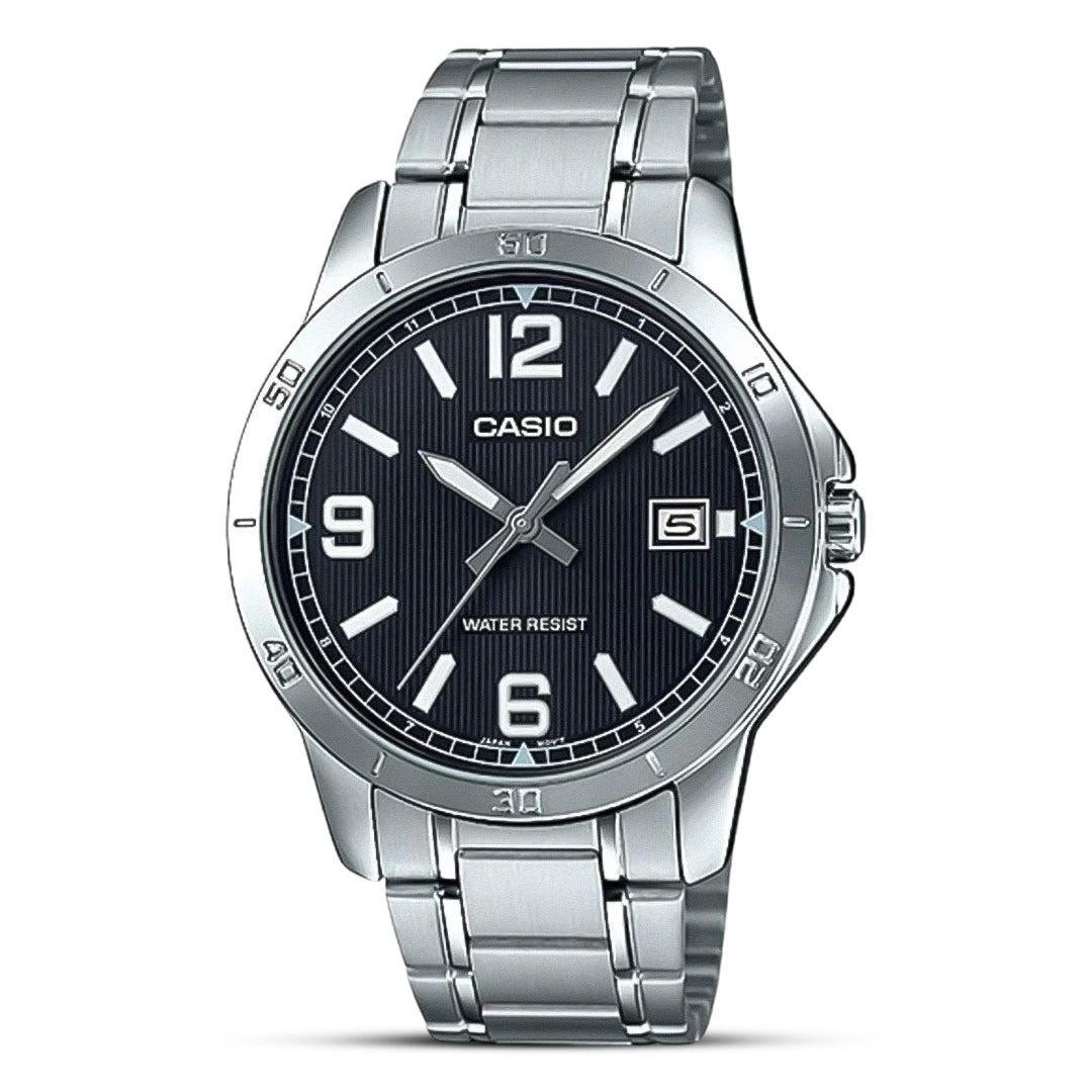 Reloj Análogo Casio de Acero Inoxidable para Hombre MTP-V004D-1B2 Plateado Fondo Negro