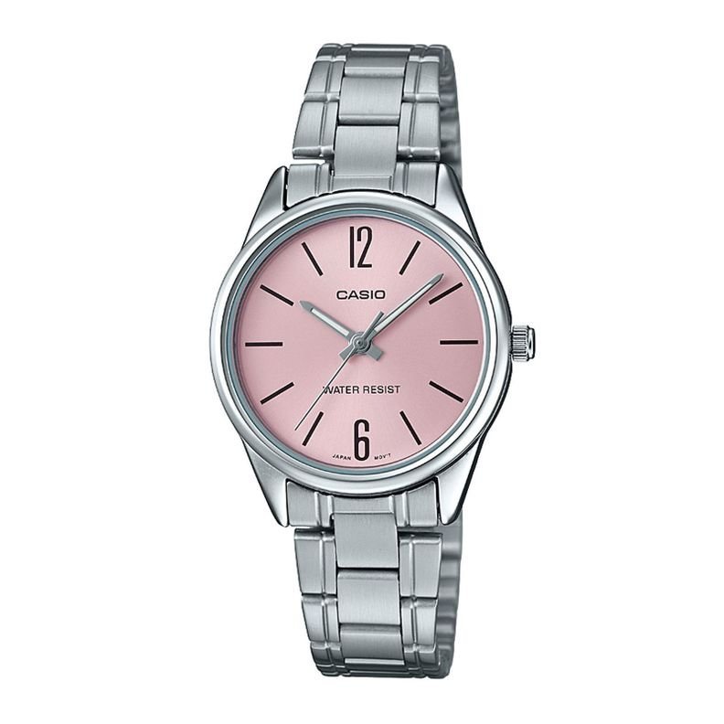 Reloj Análogo Casio de Acero Inoxidable Para Mujer LTP-V005D-4B Plateado Fondo Rosado